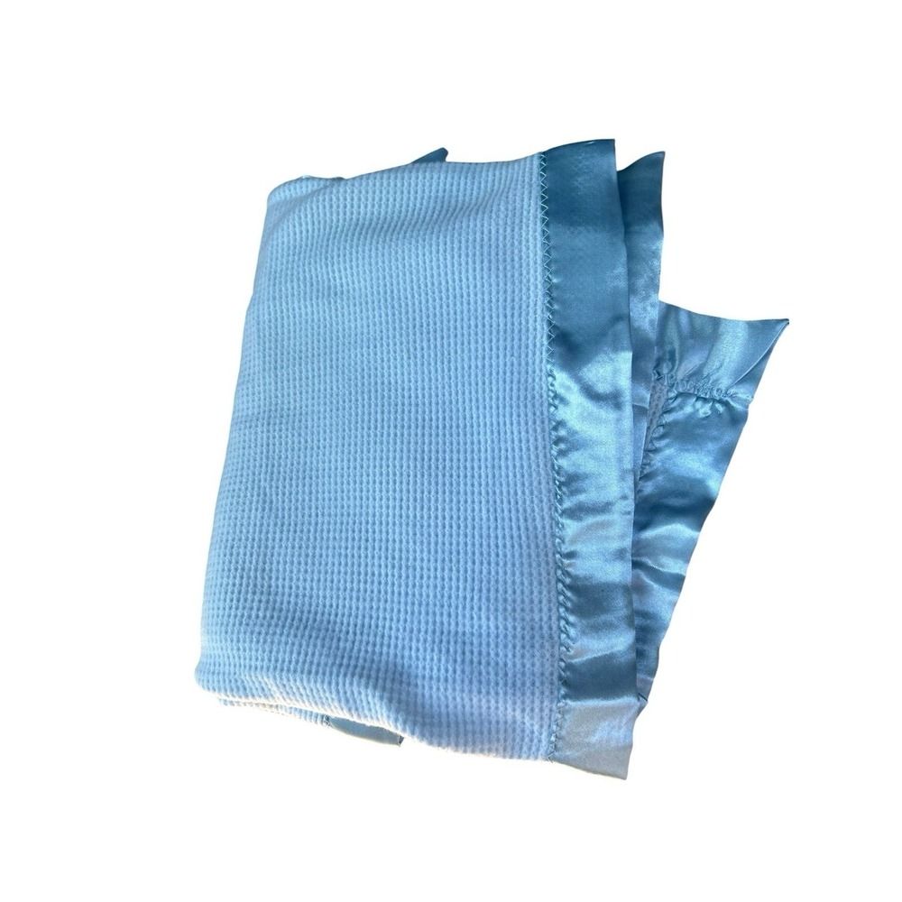 Bright Future BLUE Acrylic Thermal Waffle Weave Satin Trim Baby Blanket EUC